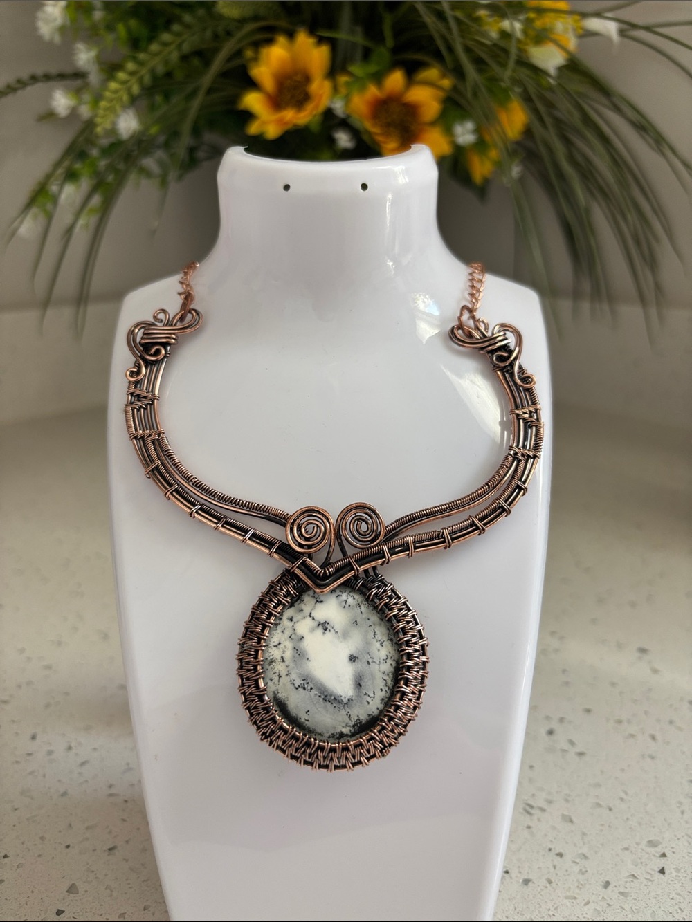 Handcrafted Copper Wire Wrapped Dendrite Opal Pendant Necklace
